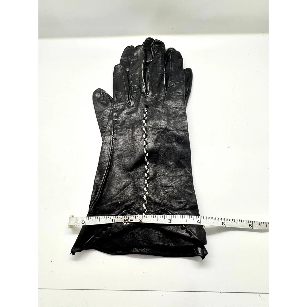 Vintage Black Leather Gloves Embellishd Floral Detail Mid Century Size 7 Fair‎
